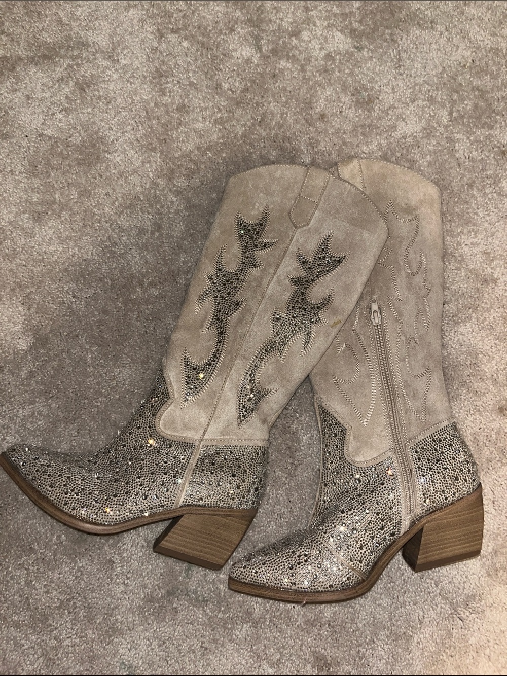 Taupe Suede Crystal Western Heeled Boots - Picture 2 of 2